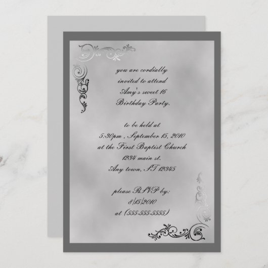 Elegante Zilveren Scroll Art Deco Uitnodiging (Voorkant / Achterkant)