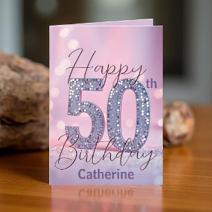 Elegante zilveren Sequin op zachte roze 50e verjaa Kaart