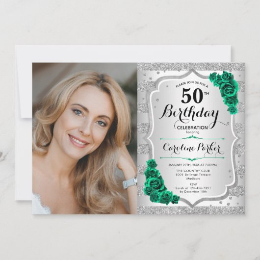 Elegante zilveren smaragd groene foto 50e verjaard kaart (Voorkant)