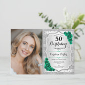Elegante zilveren smaragd groene foto 50e verjaard kaart (Staand voorkant)