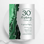 Elegante zilveren smaragdgroene agaat 30e verjaard kaart<br><div class="desc">Smaragdgroen en zilveren agaat 30ste verjaardag feestuitnodiging. Elegant modern ontwerp met waterverf agaat marmeren geode achtergrond,  faux glitter zilver en typografie script lettertype. Trendy uitnodigingskaart perfect voor een stijlvol vrouwenfeest. Gedrukte Zazzle-uitnodigingen of direct download digitale afdrukbare sjabloon.</div>