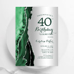 Elegante zilveren smaragdgroene agaat 40e verjaard kaart<br><div class="desc">Smaragdgroen en zilveren agaat 40ste verjaardag feestuitnodiging. Elegant modern ontwerp met waterverf agaat marmeren geode achtergrond,  faux glitter zilver en typografie script lettertype. Trendy uitnodigingskaart perfect voor een stijlvol vrouwenfeest. Gedrukte Zazzle-uitnodigingen of direct download digitale afdrukbare sjabloon.</div>