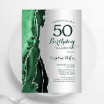 Elegante zilveren smaragdgroene agaat 50e verjaard kaart<br><div class="desc">Smaragdgroen en zilveren agaat 50ste verjaardagsfeestuitnodiging. Elegant modern ontwerp met waterverf agaat marmeren geode achtergrond,  faux glitter zilver en typografie script lettertype. Trendy uitnodigingskaart perfect voor een stijlvol vrouwenfeest. Gedrukte Zazzle-uitnodigingen of direct download digitale afdrukbare sjabloon.</div>
