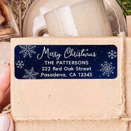 Elegante Zilveren Sneeuwvlokken op Nachtblauwe Ker Etiket