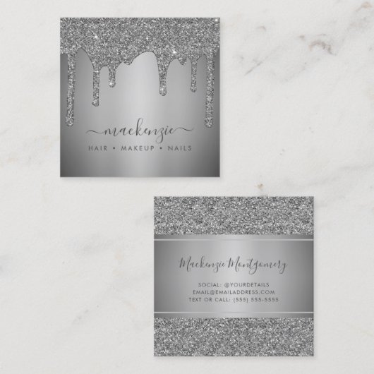 Elegante zilveren Sparkle Glitter Drips Luxe Vierkante Visitekaartje (Voorkant / Achterkant)