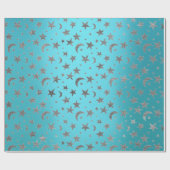 Elegante Zilveren Sterren Maan Turquoise Aquamarij Cadeaupapier (Vlak)