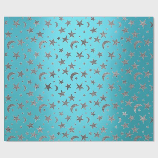 Elegante Zilveren Sterren Maan Turquoise Aquamarij Cadeaupapier (Vlak)