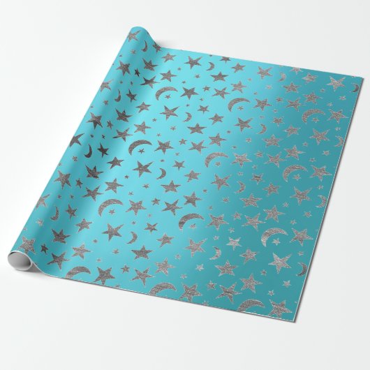 Elegante Zilveren Sterren Maan Turquoise Aquamarij Cadeaupapier (Uitgerold)
