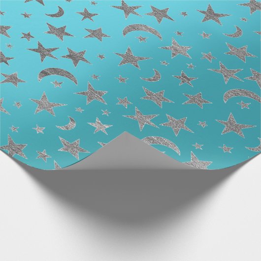 Elegante Zilveren Sterren Maan Turquoise Aquamarij Cadeaupapier (Hoek)