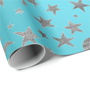 Elegante Zilveren Sterren Maan Turquoise Aquamarij Cadeaupapier