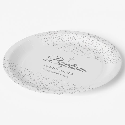 Elegante Zilveren Sterrenstof Doopsel Doop Papieren Bordje (Gekanteld)