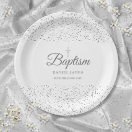 Elegante Zilveren Sterrenstof Doopsel Doop Papieren Bordje