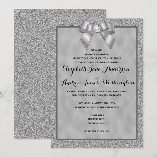Elegante zilveren & stijlvolle glitter bruiloft kaart (Voorkant / Achterkant)