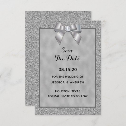 Elegante zilveren & stijlvolle glitter bruiloft save the date (Voorkant / Achterkant)
