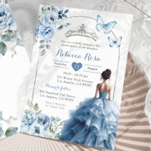 Elegante zilveren stoffige blauwe vlinder quinceañ