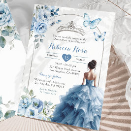 Elegante zilveren stoffige blauwe vlinder quinceañ kaart