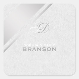 Elegante zilveren strepen wit lederen monogram vierkante sticker