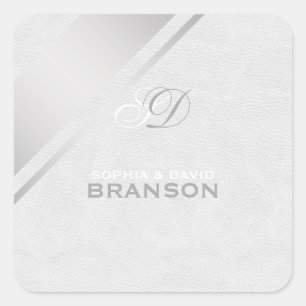 Elegante zilveren strepen wit lederen monogram vierkante sticker
