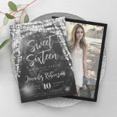 Elegante zilveren string lichten foto zoet 16 kaart