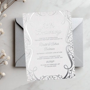 Elegante Zilveren Swirl 25-jarige huwelijksjubileu Folie Uitnodiging