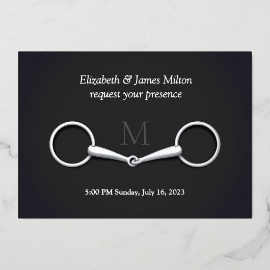 Elegante zilveren trensbits paardensport Monogram Folie Uitnodiging (Voorkant)