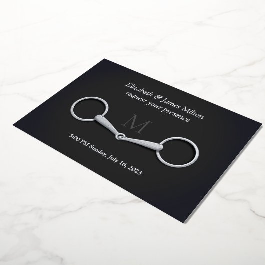 Elegante zilveren trensbits paardensport Monogram Folie Uitnodiging (Gedraaid)