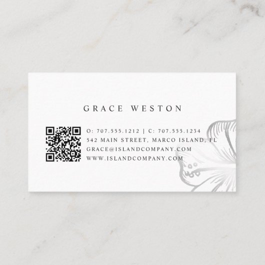 Elegante Zilveren Tropische Hibiscus Bloem QR Code Visitekaartje (Achterkant)