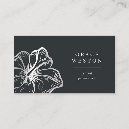 Elegante Zilveren Tropische Hibiscus Bloem QR Code Visitekaartje (Voorkant)