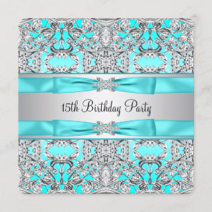 Elegante Zilveren Turquoise Blauwe Quinceanera Kaart