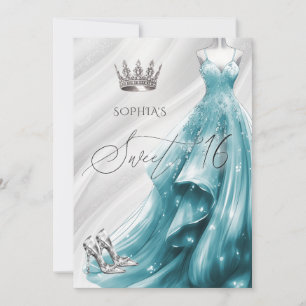 Elegante zilveren turquoise glansjurk Sweet 16 Kaart