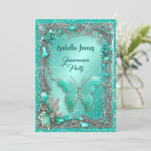 Elegante zilveren turquoise sieraden mis 15e verja kaart (Staand voorkant)