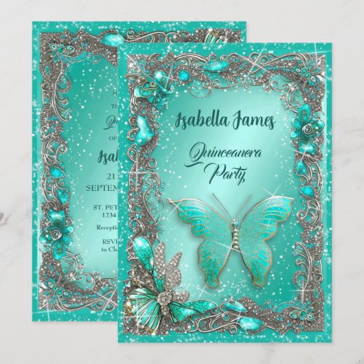 Elegante zilveren turquoise sieraden mis 15e verja kaart (Voorkant / Achterkant)