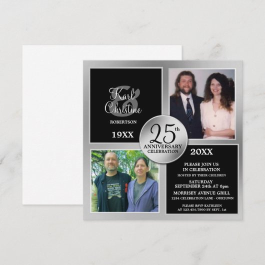 Elegante zilveren uitnodigingen voor 25-jarig jubi (Voorkant / Achterkant)