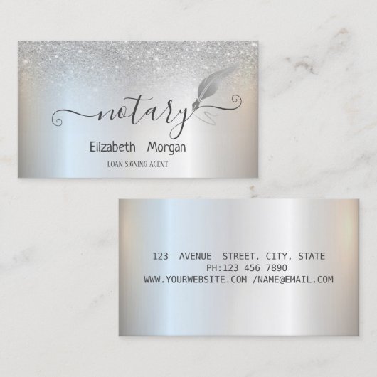 Elegante zilveren veren veer notaris zilveren glit visitekaartje (Voorkant / Achterkant)