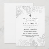 Elegante zilveren Vintage Bloemdoop Uitnodigen Kaart (Voorkant / Achterkant)