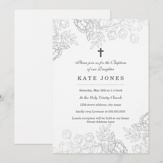 Elegante zilveren Vintage Bloemdoop Uitnodigen Kaart (Voorkant / Achterkant)