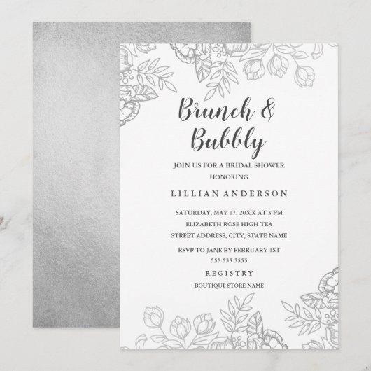 Elegante zilveren Vintage bloemenbrunch en bubbels Kaart (Voorkant / Achterkant)