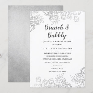 Elegante zilveren Vintage bloemenbrunch en bubbels Kaart