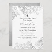 Elegante zilveren Vintage Bloemendoop Kaart (Voorkant / Achterkant)