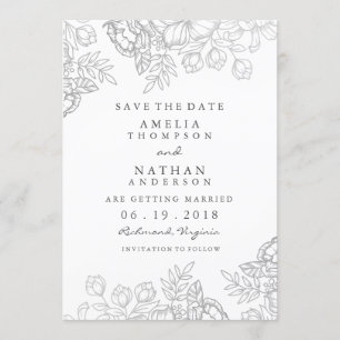 Elegante zilveren vintage bloemensave the date save the date