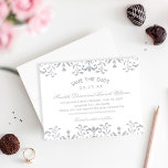 Elegante Zilveren Vintage Glamour Bruiloft Save The Date<br><div class="desc">Elegante vintage geïnspireerde bruiloft save the date aankondigingen een platina grijs / zilveren gekleurde sierlijke decoratieve rand ontwerp dat een metalige glans getextureerde uiterlijk heeft. De Luxe Pearl Shimmer karton optie versterkt de metalige look van de gouden kleuren.</div>