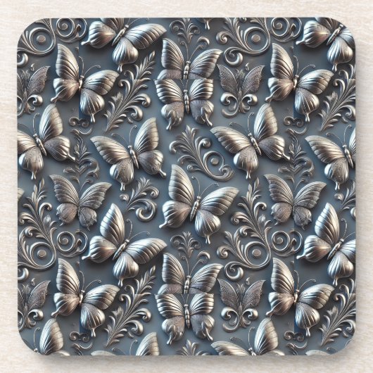 Elegante zilveren vlinders met  bloemstuk bier onderzetter (Voorkant)