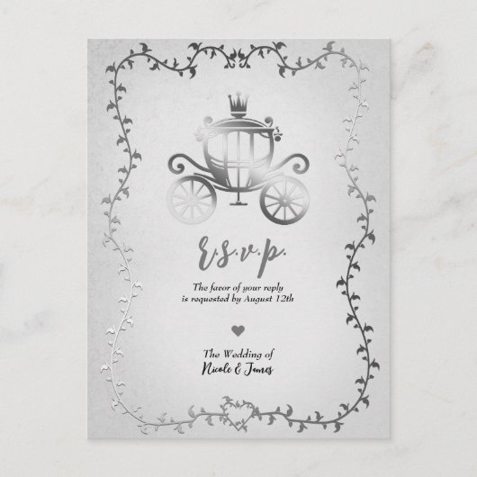 Elegante Zilveren Wagen Sprookjes Bruiloft RSVP Aankondigingskaart (Voorkant)