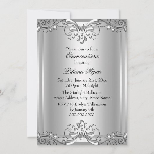Elegante zilveren wervel Quinceanera uitnodiging (Achterkant)