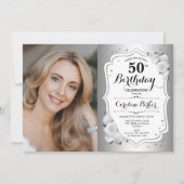 Elegante zilveren witte bloemfoto 50e verjaardag kaart (Voorkant)