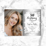 Elegante zilveren witte bloemfoto 50e verjaardag kaart<br><div class="desc">Elegante bloemenvrouwelijke 50e verjaardagsuitnodiging met uw foto. Glam ontwerp met faux zilver. Beschikt over witte rozen,  script lettertype en confetti. Perfect voor een stijlvol volwassen feestje. Personaliseer met je eigen gegevens. Kan voor om het even welke leeftijd worden aangepast! Gedrukte Zazzle-uitnodigingen of direct download digitale afdrukbare sjabloon.</div>