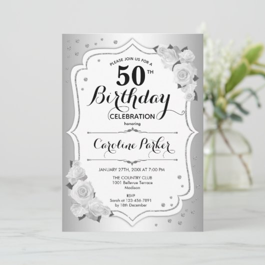 Elegante zilveren witte foto 50e verjaardag kaart (Staand voorkant)