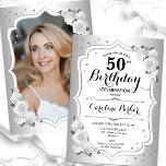 Elegante zilveren witte foto 50e verjaardag kaart<br><div class="desc">Elegante bloemenvrouwelijke 50e verjaardagsuitnodiging met je foto aan de achterkant van de kaart. Glam ontwerp met faux zilver. Beschikt over witte rozen, script lettertype en confetti. Perfect voor een stijlvol volwassen feestje. Personaliseer met je eigen gegevens. Kan voor om het even welke leeftijd worden aangepast! Gedrukte Zazzle-uitnodigingen of direct download...</div>
