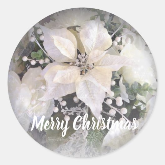 Elegante zilveren & witte kerst poinsettia ronde sticker (Voorkant)
