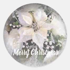 Elegante zilveren & witte kerst poinsettia ronde sticker